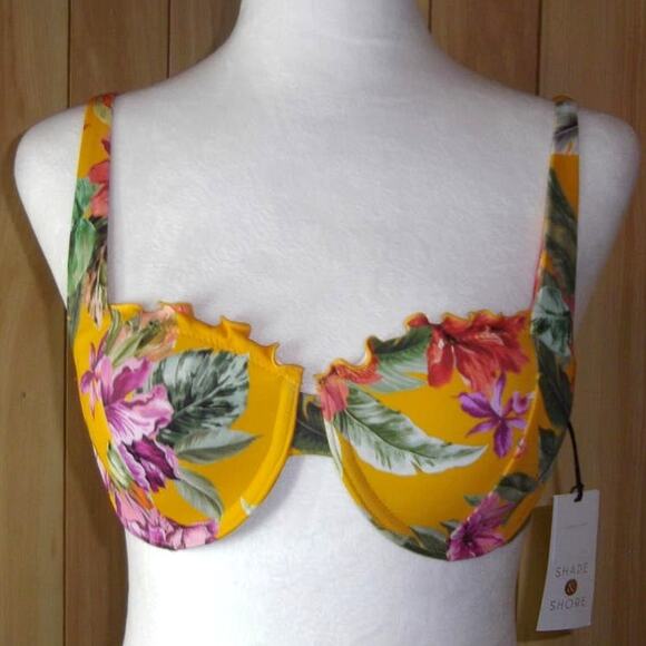 NWT Shade & Shore Floral Ruffled Swimwear Underwire Built-in Bra Bikini Top 32B - Picture 1 of 6